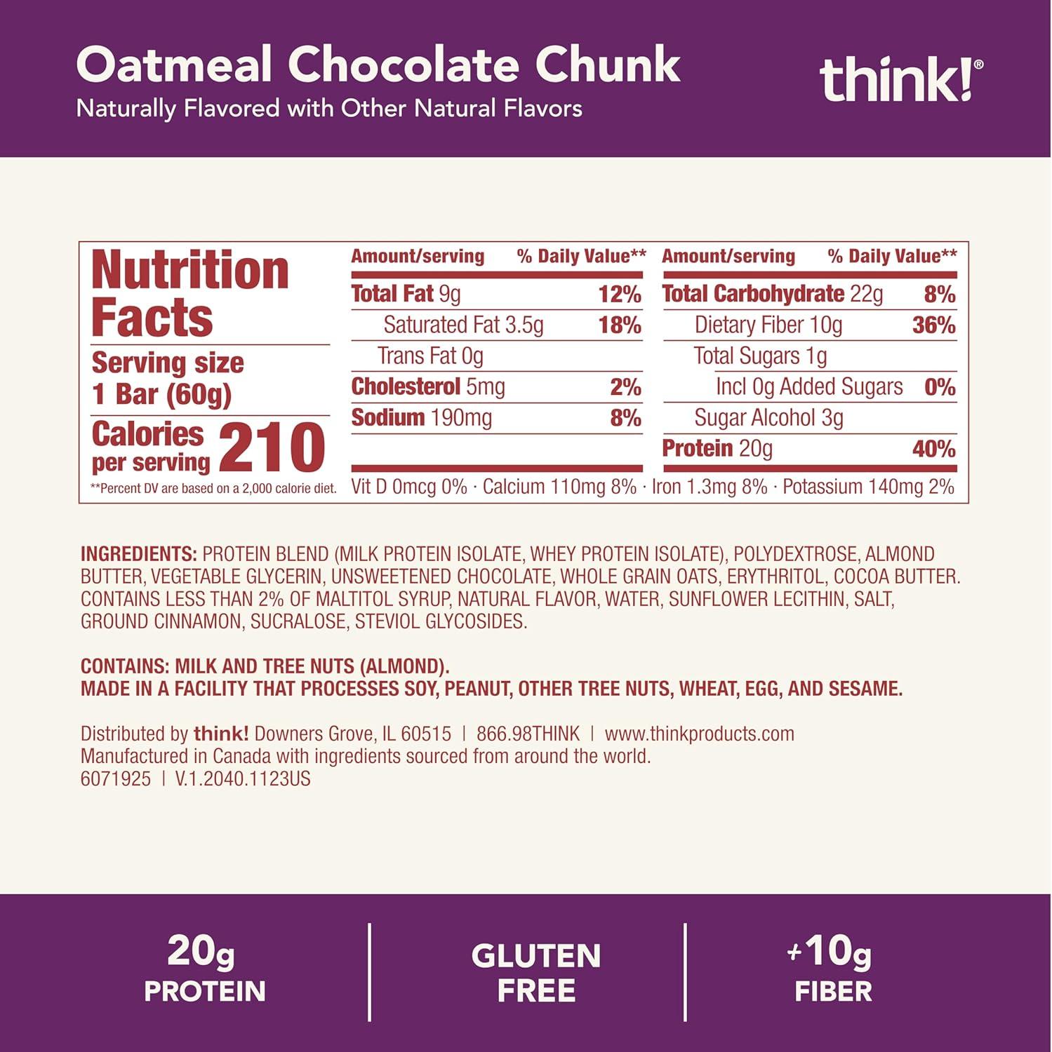 image:imagethink Protein Bars High Protein Snacks Gluten Free High Fiber Peanut Butter Chocolate Chunk 10 CountOatmeal Chocolate Chunk